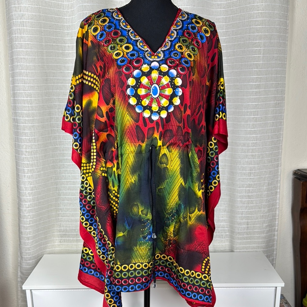 Ace Fashion Vibrant Multicolor Kaftan with Beaded Neckline,